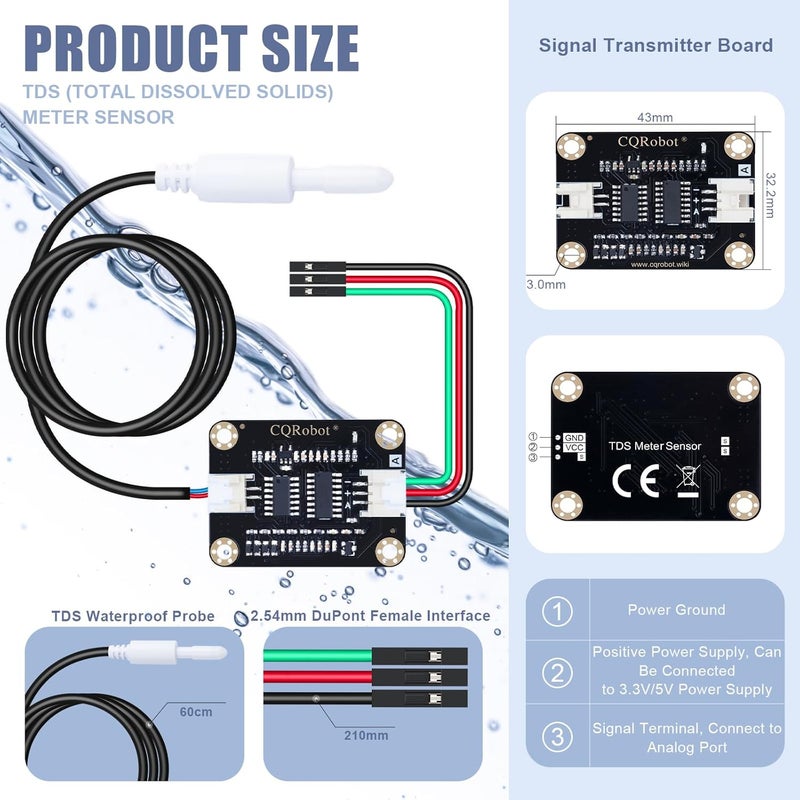 CQRobot TDS (Total Dissolved Solids) Meter Sensor Compatible with Raspberry Pi/Arduino Board. for Liquid Quality Analysis Teaching, Scientific Research, Laboratory, Online Analysis, etc. - Image 2